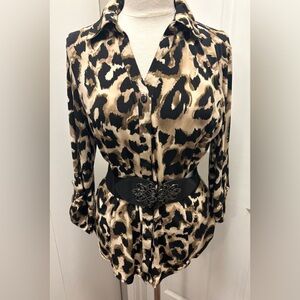 Leopard Print Button-Up Blouse with New Belt with tags.